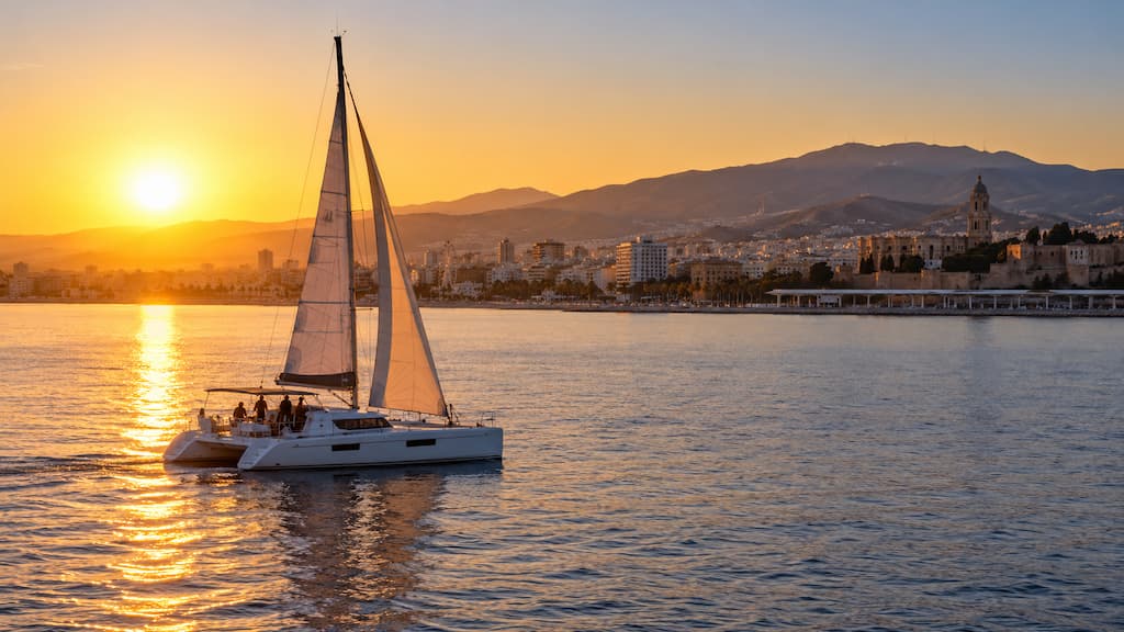Paseo en catamarán por Málaga en invierno al atardecer
