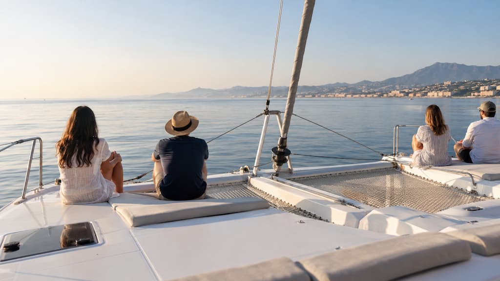Passengers looking at the horizon on a catamaran to avoid seasickness
